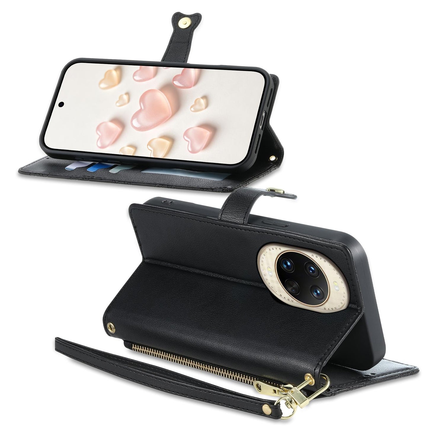 For Huawei nova 14 Ultra Zipper Wallet Heart Buckle Vegan Leather Phone Case with Wrist Strap(Black)