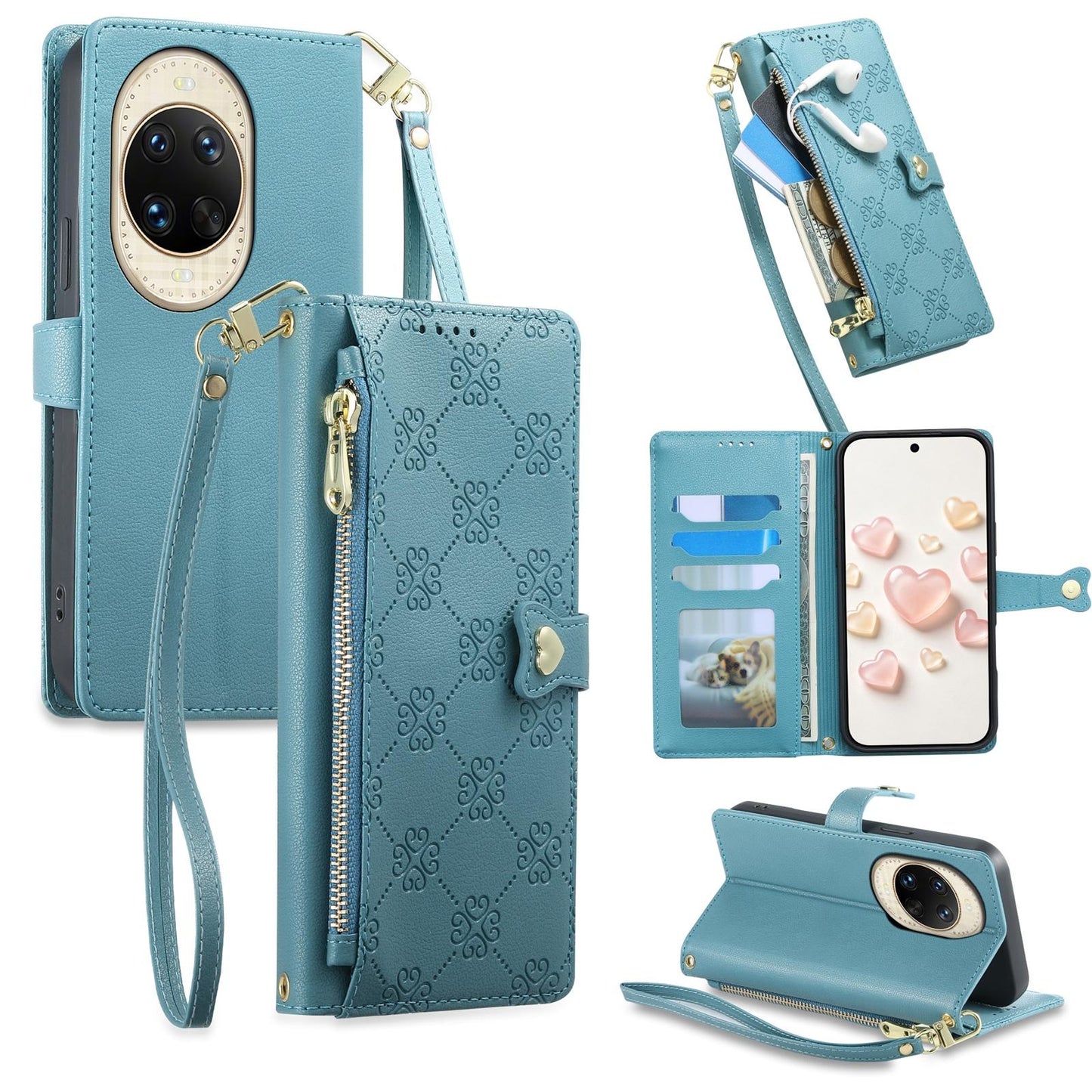 For Huawei nova 14 Ultra Zipper Wallet Heart Buckle Vegan Leather Phone Case with Wrist Strap(Lake Blue)