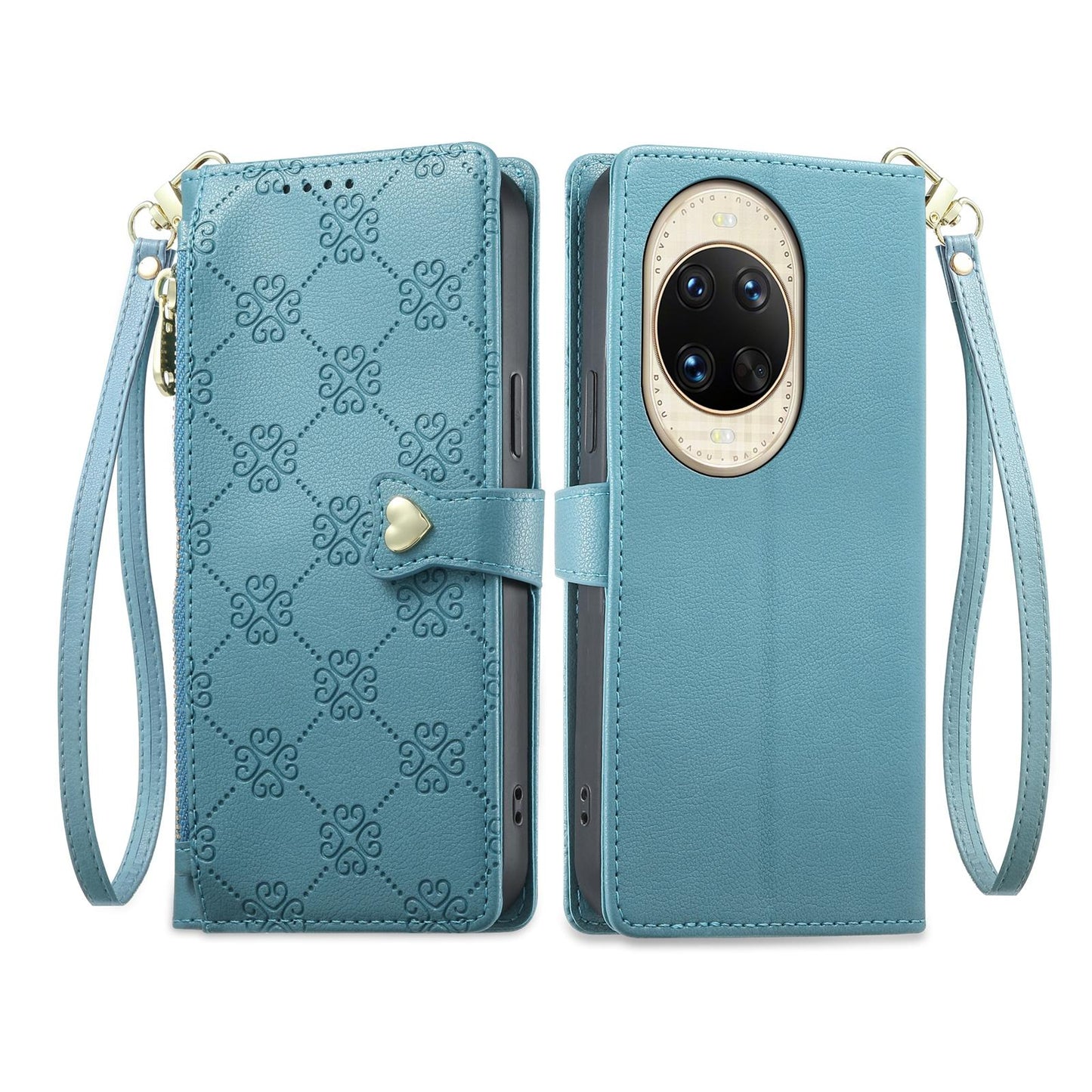 For Huawei nova 14 Ultra Zipper Wallet Heart Buckle Vegan Leather Phone Case with Wrist Strap(Lake Blue)