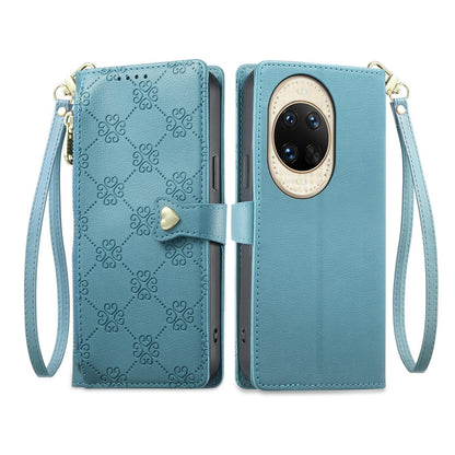 For Huawei nova 14 Ultra Zipper Wallet Heart Buckle Vegan Leather Phone Case with Wrist Strap(Lake Blue)