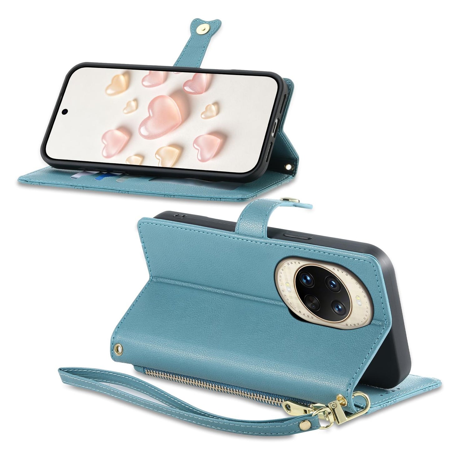 For Huawei nova 14 Ultra Zipper Wallet Heart Buckle Vegan Leather Phone Case with Wrist Strap(Lake Blue)