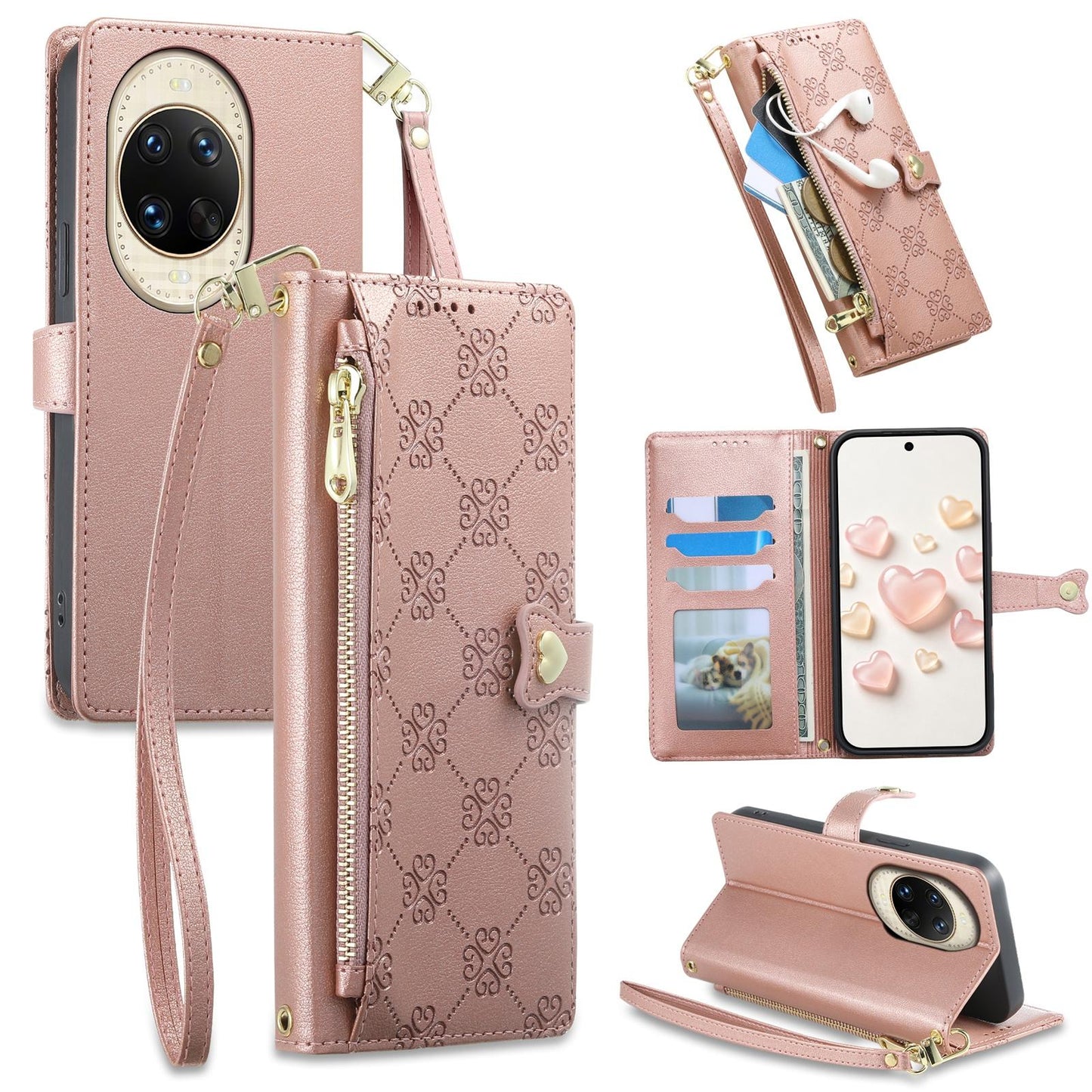 For Huawei nova 14 Ultra Zipper Wallet Heart Buckle Vegan Leather Phone Case with Wrist Strap(Pink)