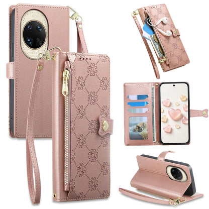 For Huawei nova 14 Ultra Zipper Wallet Heart Buckle Vegan Leather Phone Case with Wrist Strap(Pink)