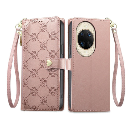 For Huawei nova 14 Ultra Zipper Wallet Heart Buckle Vegan Leather Phone Case with Wrist Strap(Pink)