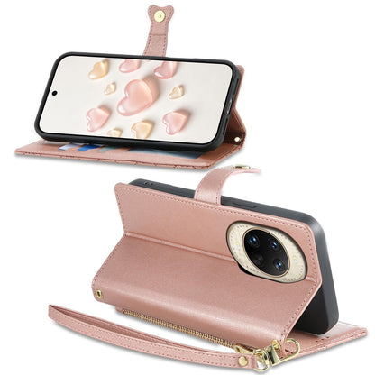 For Huawei nova 14 Ultra Zipper Wallet Heart Buckle Vegan Leather Phone Case with Wrist Strap(Pink)