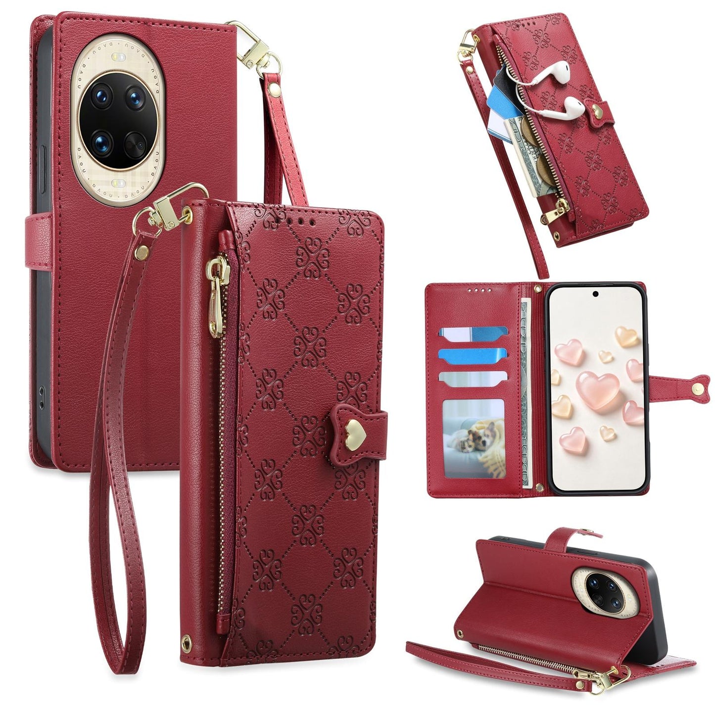 For Huawei nova 14 Ultra Zipper Wallet Heart Buckle Vegan Leather Phone Case with Wrist Strap(Red)