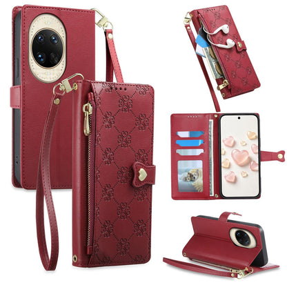 For Huawei nova 14 Ultra Zipper Wallet Heart Buckle Vegan Leather Phone Case with Wrist Strap(Red)