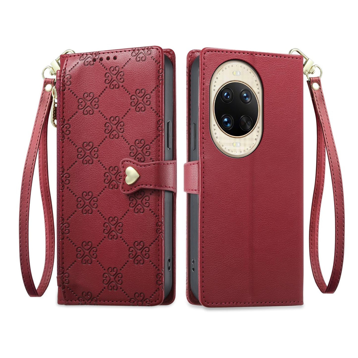 For Huawei nova 14 Ultra Zipper Wallet Heart Buckle Vegan Leather Phone Case with Wrist Strap(Red)