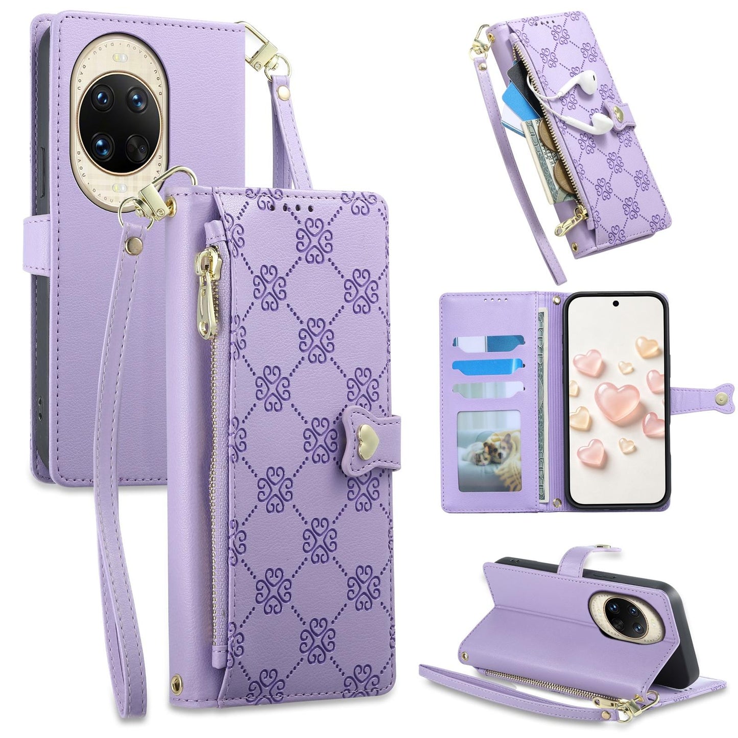 For Huawei nova 14 Ultra Zipper Wallet Heart Buckle Vegan Leather Phone Case with Wrist Strap(Purple)