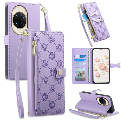For Huawei nova 14 Ultra Zipper Wallet Heart Buckle Vegan Leather Phone Case with Wrist Strap(Purple)
