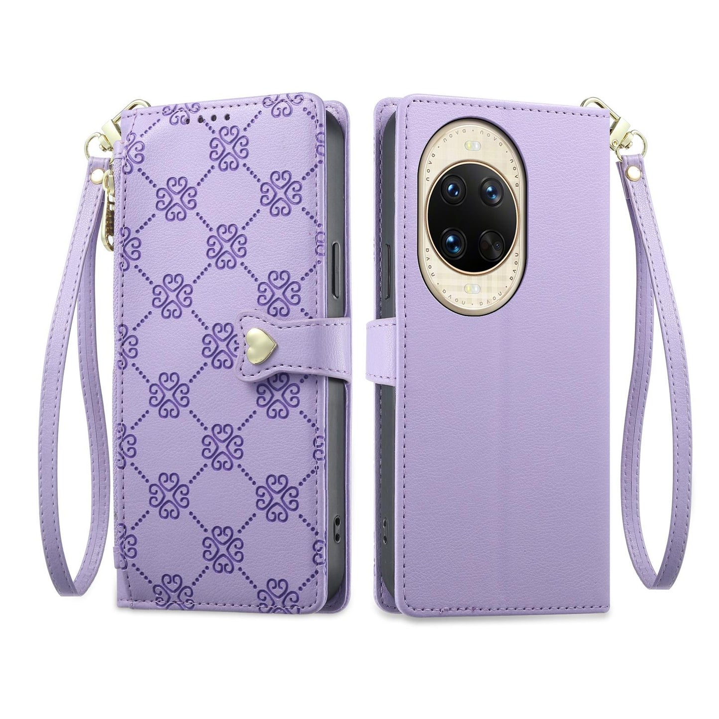 For Huawei nova 14 Ultra Zipper Wallet Heart Buckle Vegan Leather Phone Case with Wrist Strap(Purple)