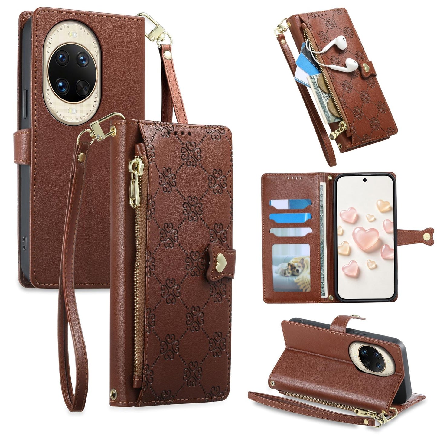 For Huawei nova 14 Ultra Zipper Wallet Heart Buckle Vegan Leather Phone Case with Wrist Strap(Brown)