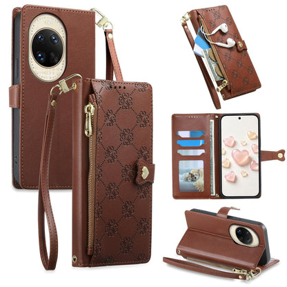For Huawei nova 14 Ultra Zipper Wallet Heart Buckle Vegan Leather Phone Case with Wrist Strap(Brown)