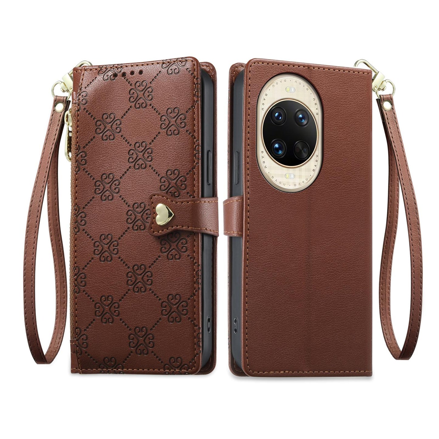 For Huawei nova 14 Ultra Zipper Wallet Heart Buckle Vegan Leather Phone Case with Wrist Strap(Brown)