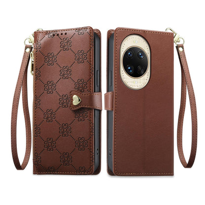 For Huawei nova 14 Ultra Zipper Wallet Heart Buckle Vegan Leather Phone Case with Wrist Strap(Brown)