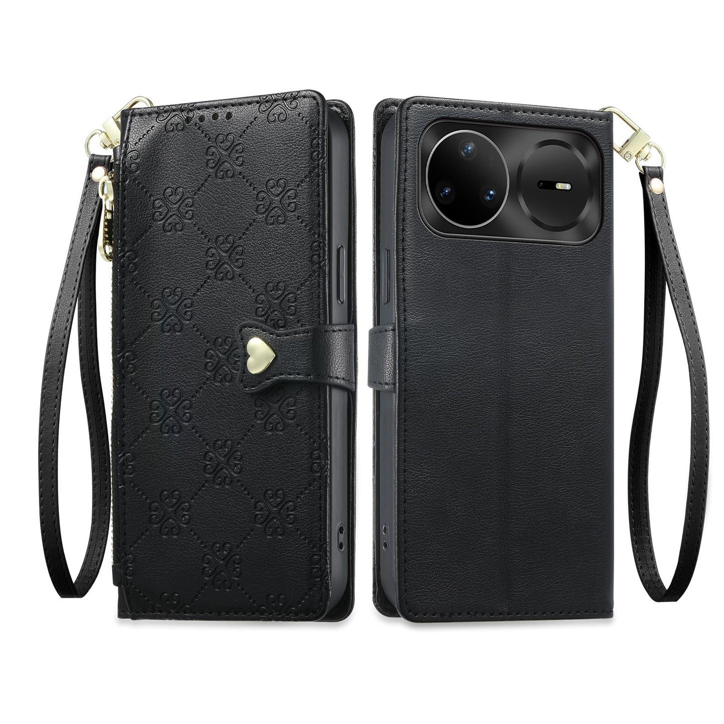 For Huawei nova 15 Pro Zipper Wallet Heart Buckle Vegan Leather Phone Case with Wrist Strap(Black)