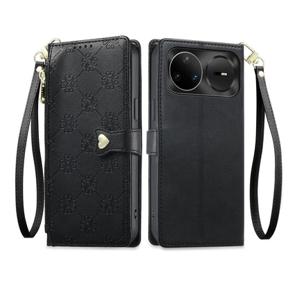 For Huawei nova 15 Pro Zipper Wallet Heart Buckle Vegan Leather Phone Case with Wrist Strap(Black)
