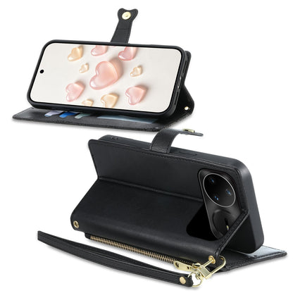 For Huawei nova 15 Pro Zipper Wallet Heart Buckle Vegan Leather Phone Case with Wrist Strap(Black)
