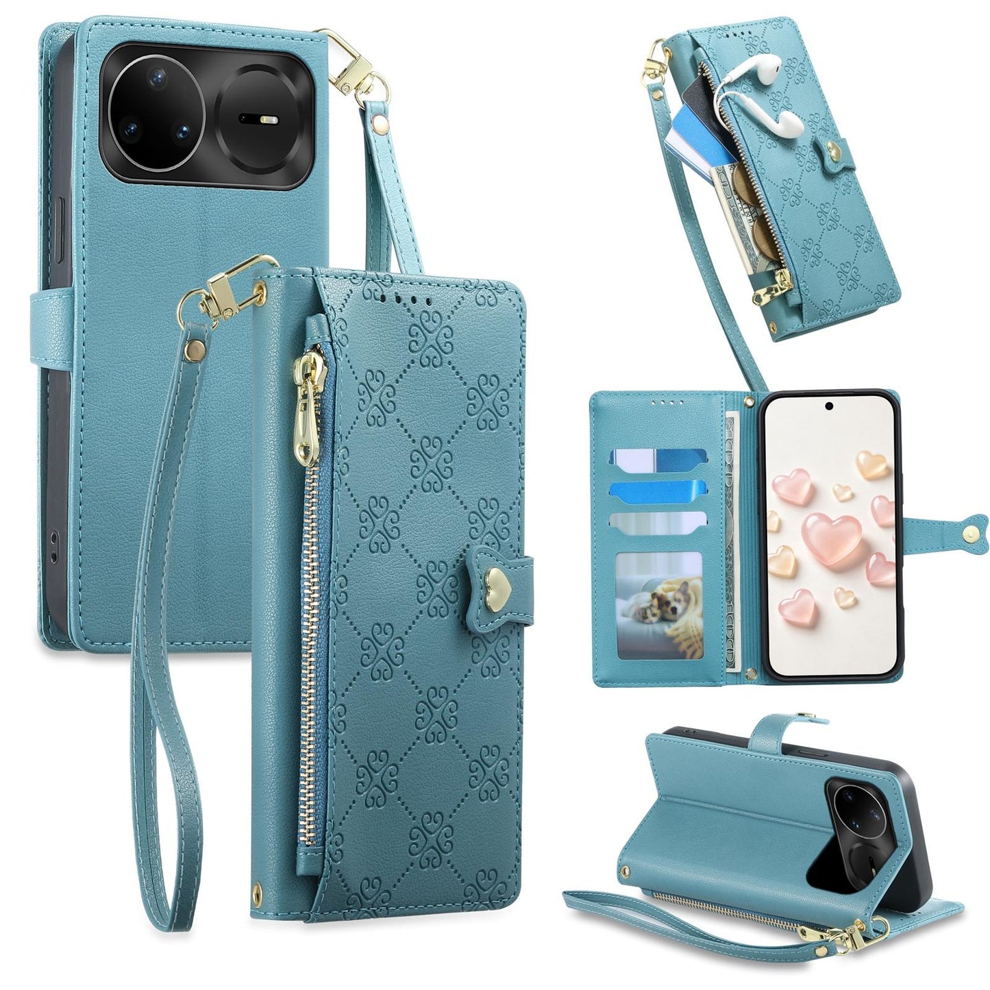 For Huawei nova 15 Pro Zipper Wallet Heart Buckle Vegan Leather Phone Case with Wrist Strap(Lake Blue)