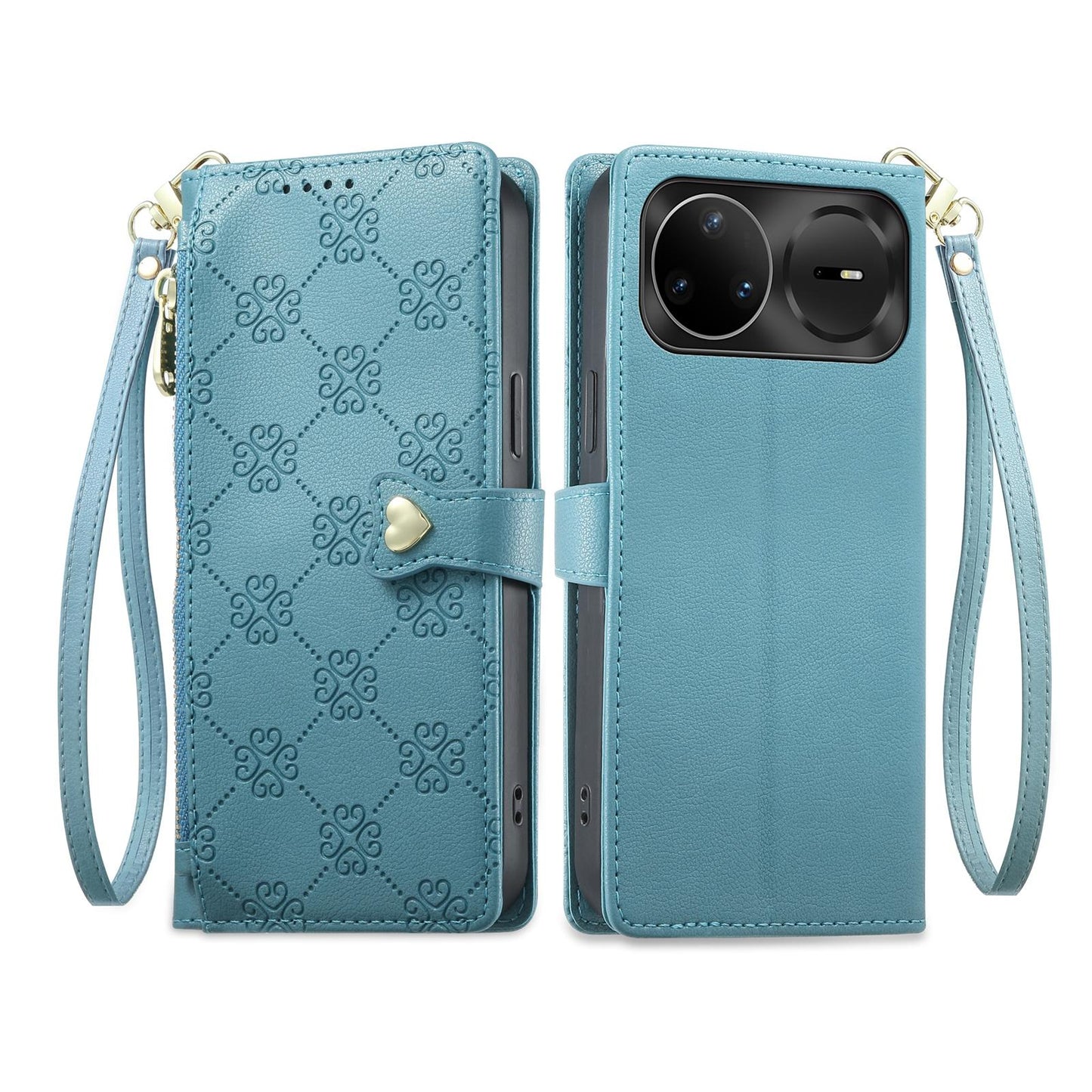 For Huawei nova 15 Pro Zipper Wallet Heart Buckle Vegan Leather Phone Case with Wrist Strap(Lake Blue)