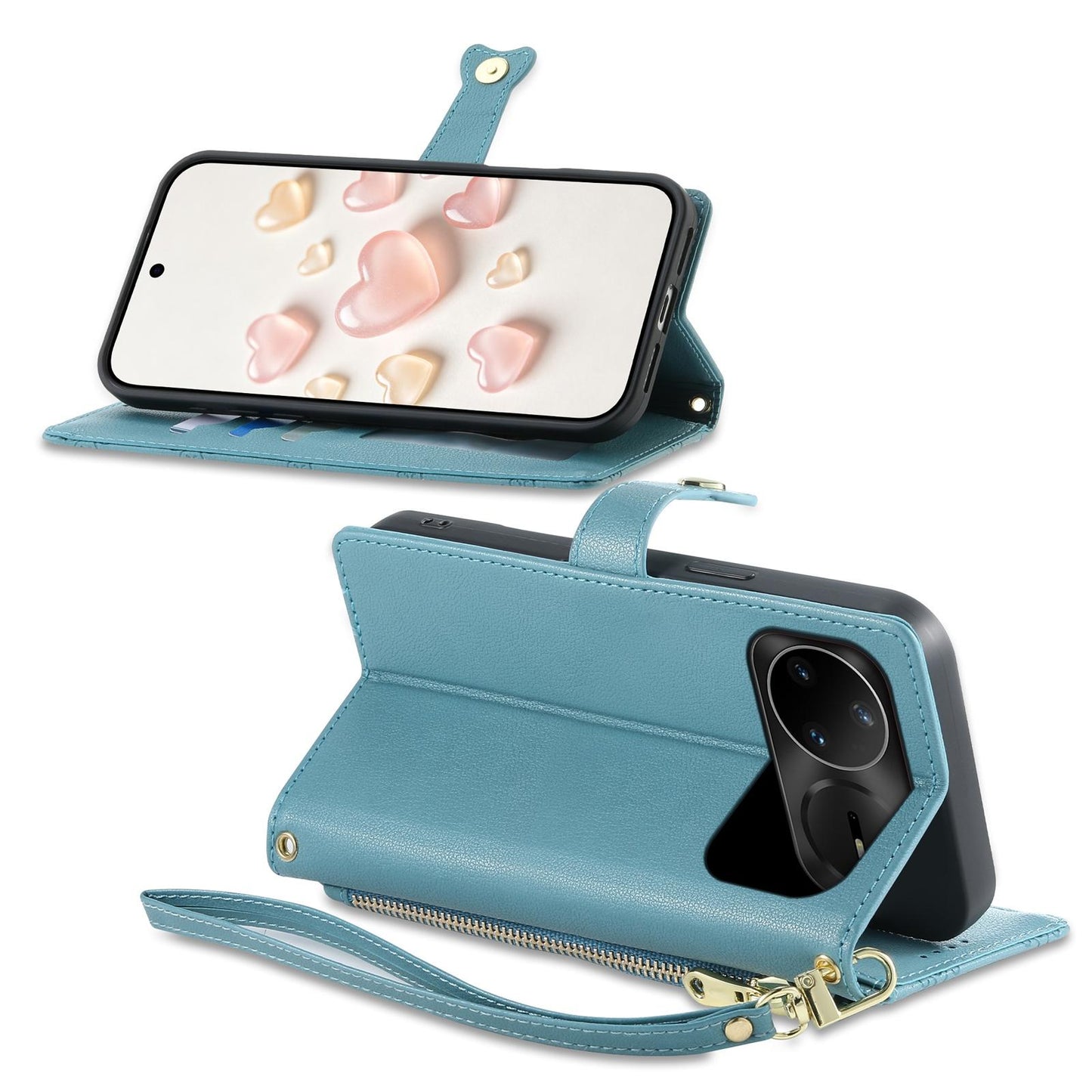 For Huawei nova 15 Pro Zipper Wallet Heart Buckle Vegan Leather Phone Case with Wrist Strap(Lake Blue)