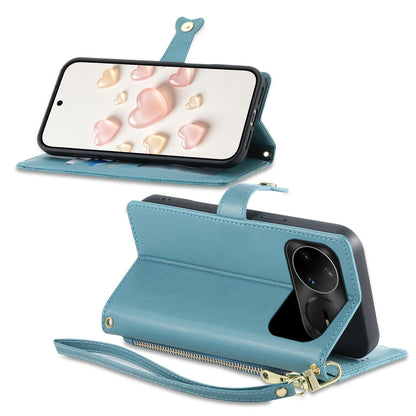 For Huawei nova 15 Pro Zipper Wallet Heart Buckle Vegan Leather Phone Case with Wrist Strap(Lake Blue)