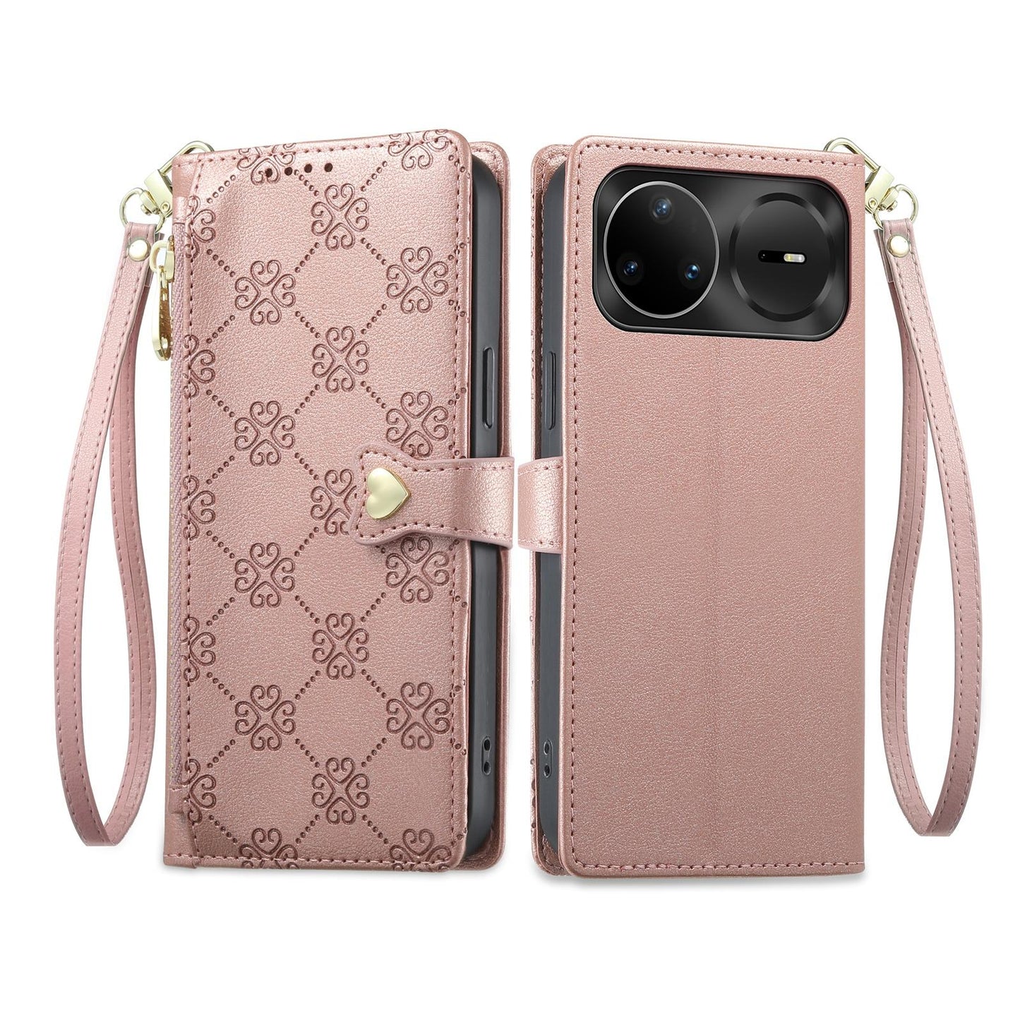 For Huawei nova 15 Pro Zipper Wallet Heart Buckle Vegan Leather Phone Case with Wrist Strap(Pink)