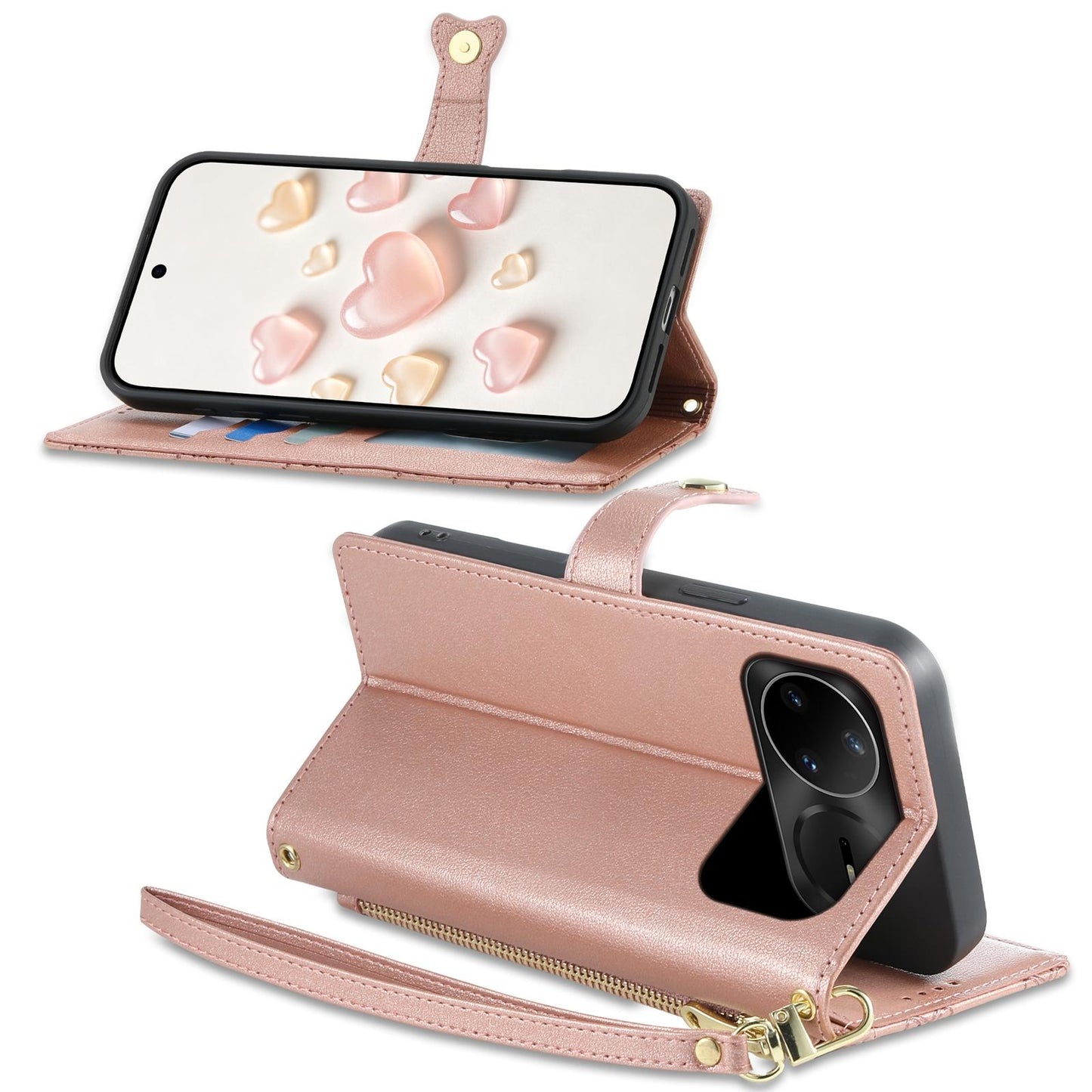 For Huawei nova 15 Pro Zipper Wallet Heart Buckle Vegan Leather Phone Case with Wrist Strap(Pink)