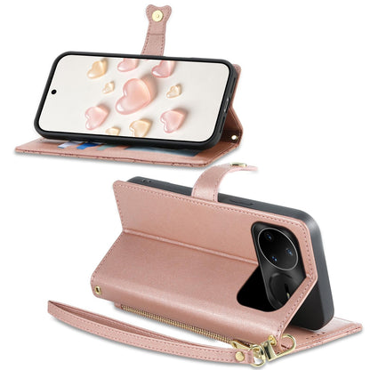 For Huawei nova 15 Pro Zipper Wallet Heart Buckle Vegan Leather Phone Case with Wrist Strap(Pink)