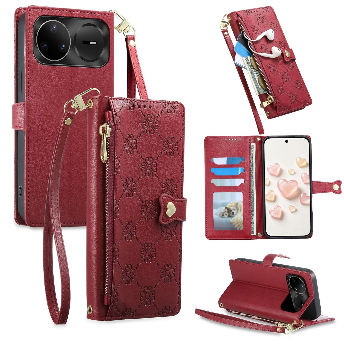 For Huawei nova 15 Pro Zipper Wallet Heart Buckle Vegan Leather Phone Case with Wrist Strap(Red)