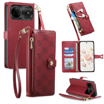 For Huawei nova 15 Pro Zipper Wallet Heart Buckle Vegan Leather Phone Case with Wrist Strap(Red)