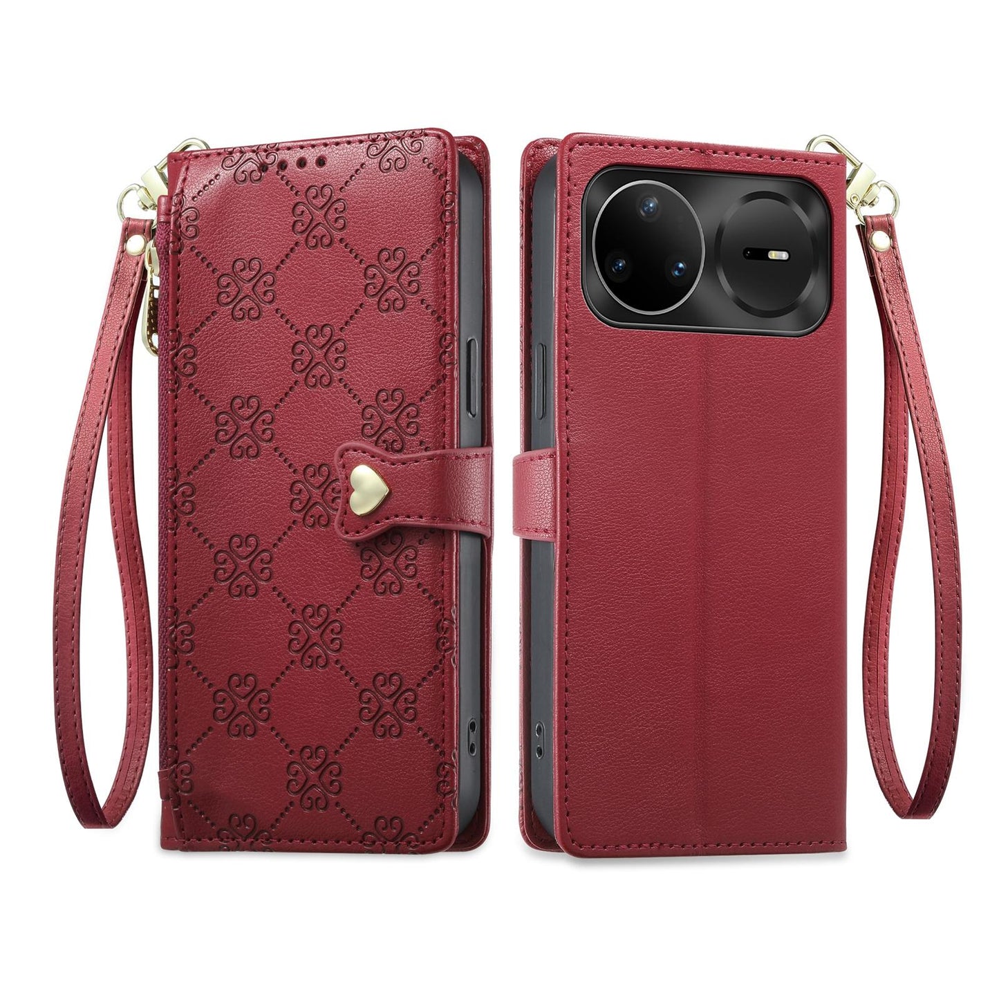 For Huawei nova 15 Pro Zipper Wallet Heart Buckle Vegan Leather Phone Case with Wrist Strap(Red)