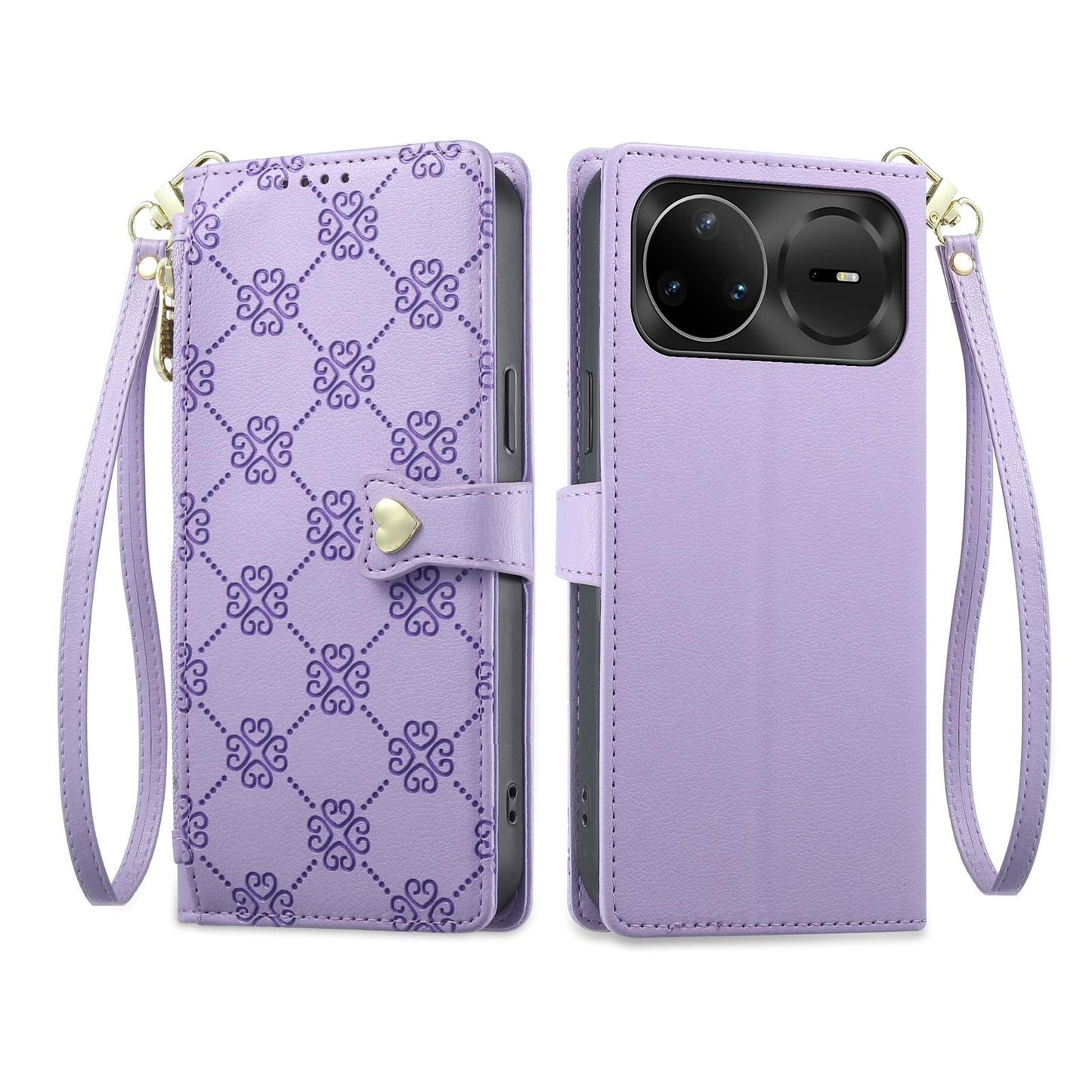 For Huawei nova 15 Pro Zipper Wallet Heart Buckle Vegan Leather Phone Case with Wrist Strap(Purple)