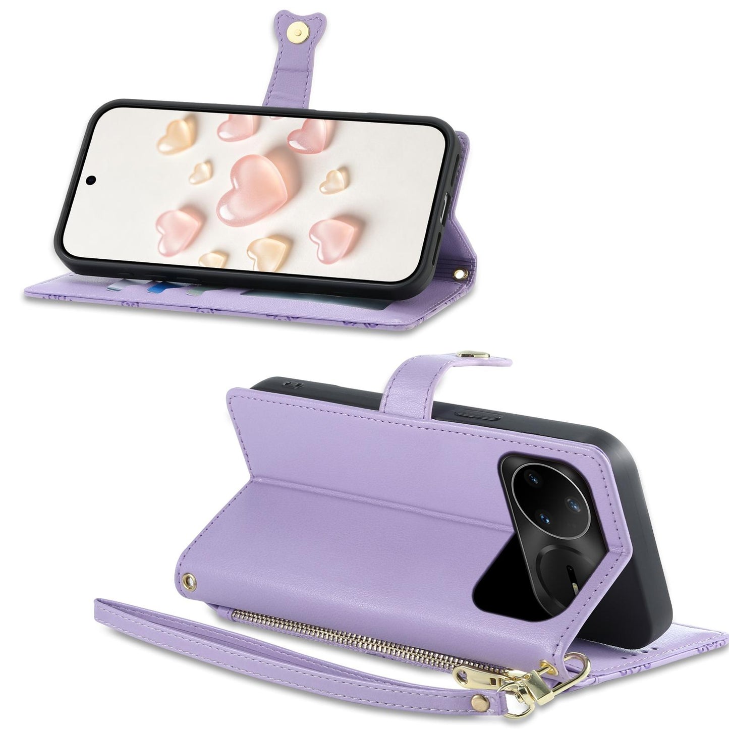 For Huawei nova 15 Pro Zipper Wallet Heart Buckle Vegan Leather Phone Case with Wrist Strap(Purple)