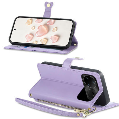 For Huawei nova 15 Pro Zipper Wallet Heart Buckle Vegan Leather Phone Case with Wrist Strap(Purple)