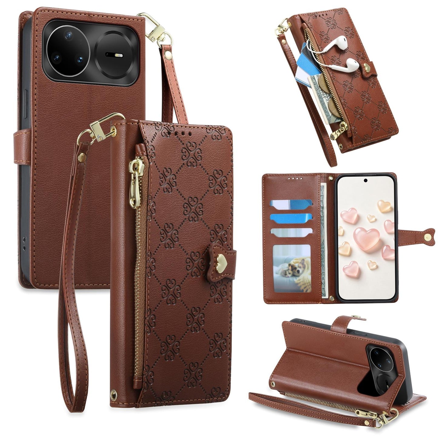 For Huawei nova 15 Pro Zipper Wallet Heart Buckle Vegan Leather Phone Case with Wrist Strap(Brown)