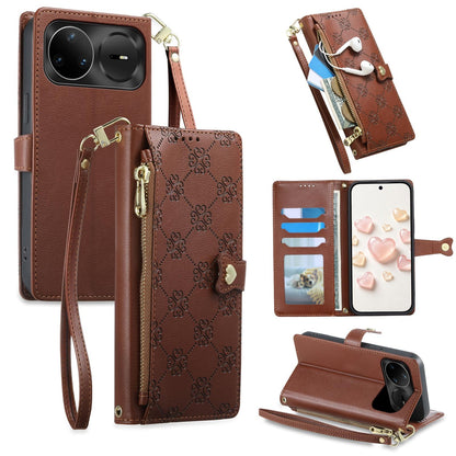For Huawei nova 15 Pro Zipper Wallet Heart Buckle Vegan Leather Phone Case with Wrist Strap(Brown)