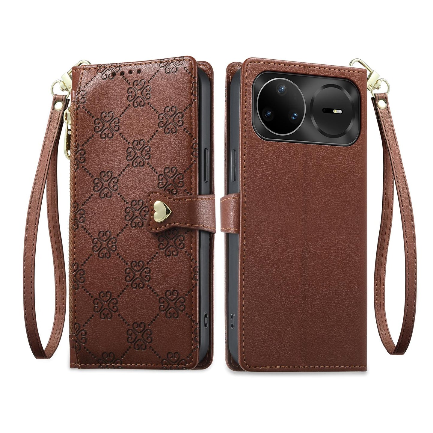 For Huawei nova 15 Pro Zipper Wallet Heart Buckle Vegan Leather Phone Case with Wrist Strap(Brown)