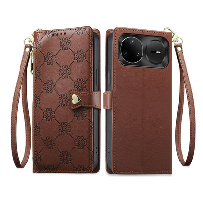 For Huawei nova 15 Pro Zipper Wallet Heart Buckle Vegan Leather Phone Case with Wrist Strap(Brown)