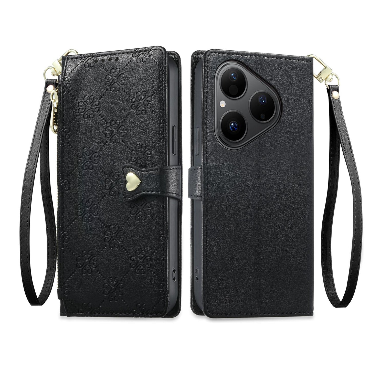 For Huawei Pura 80 5G Zipper Wallet Heart Buckle Vegan Leather Phone Case with Wrist Strap(Black)