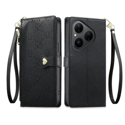 For Huawei Pura 80 5G Zipper Wallet Heart Buckle Vegan Leather Phone Case with Wrist Strap(Black)