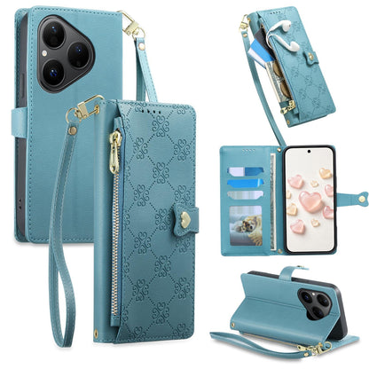 For Huawei Pura 80 5G Zipper Wallet Heart Buckle Vegan Leather Phone Case with Wrist Strap(Lake Blue)