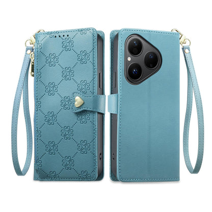 For Huawei Pura 80 5G Zipper Wallet Heart Buckle Vegan Leather Phone Case with Wrist Strap(Lake Blue)