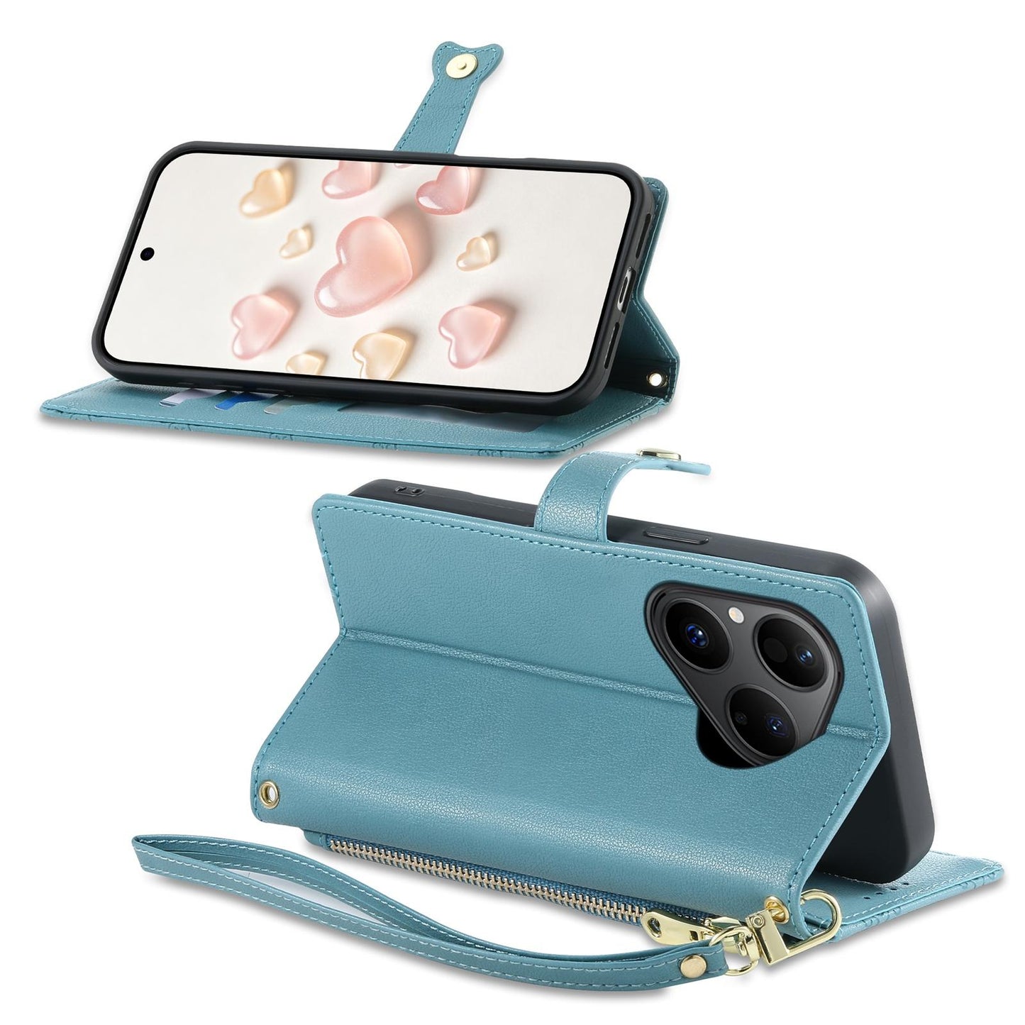 For Huawei Pura 80 5G Zipper Wallet Heart Buckle Vegan Leather Phone Case with Wrist Strap(Lake Blue)