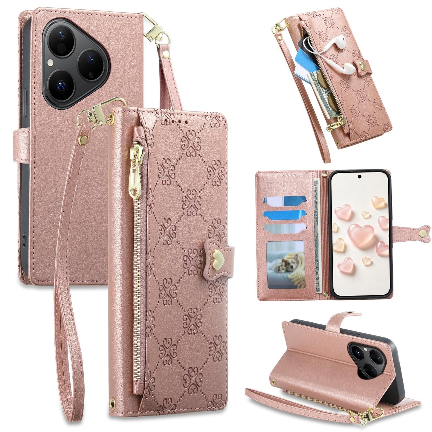 For Huawei Pura 80 5G Zipper Wallet Heart Buckle Vegan Leather Phone Case with Wrist Strap(Pink)