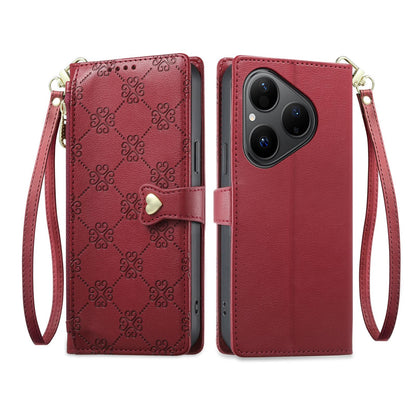 For Huawei Pura 80 5G Zipper Wallet Heart Buckle Vegan Leather Phone Case with Wrist Strap(Red)