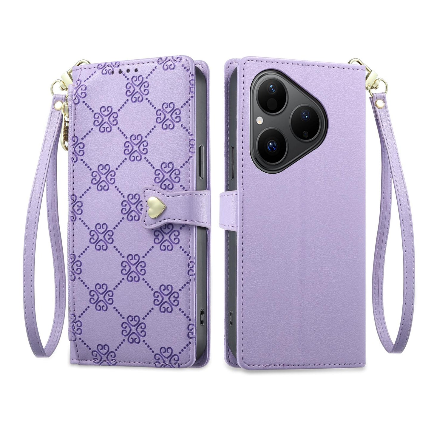 For Huawei Pura 80 5G Zipper Wallet Heart Buckle Vegan Leather Phone Case with Wrist Strap(Purple)