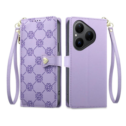 For Huawei Pura 80 5G Zipper Wallet Heart Buckle Vegan Leather Phone Case with Wrist Strap(Purple)