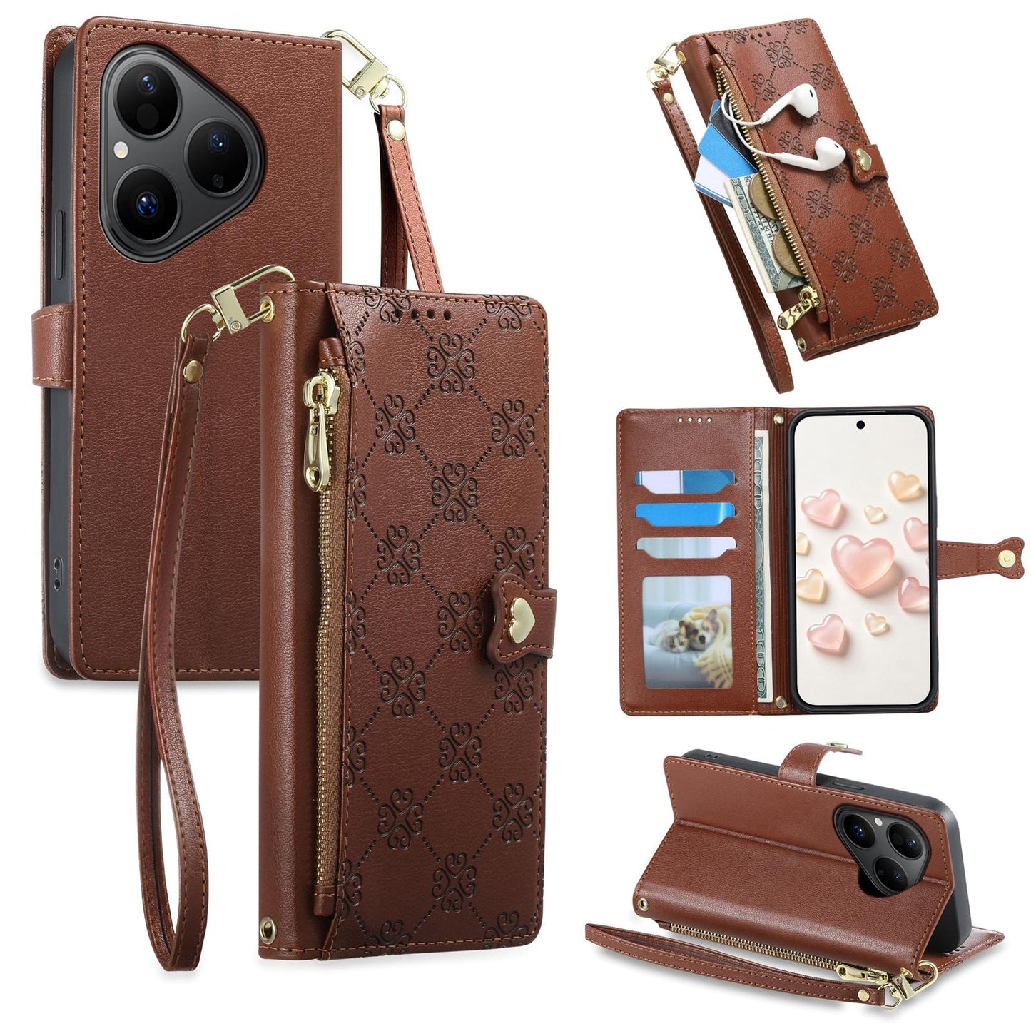 For Huawei Pura 80 5G Zipper Wallet Heart Buckle Vegan Leather Phone Case with Wrist Strap(Brown)