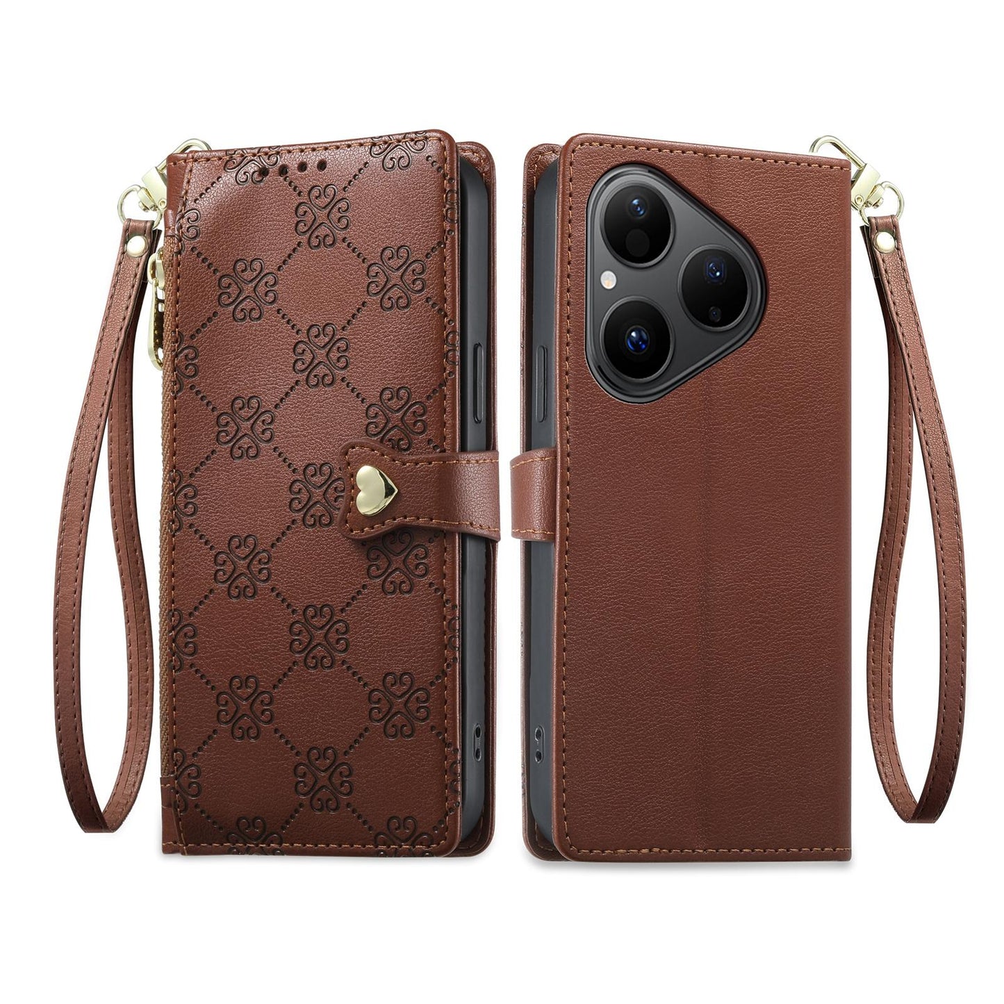 For Huawei Pura 80 5G Zipper Wallet Heart Buckle Vegan Leather Phone Case with Wrist Strap(Brown)